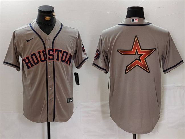 Men's Houston Astros Gray Team Big Logo With Patch Cool Base Stitched Baseball Jersey Men's Houston Astros Gray Team Big Logo With Patch Cool Base Stitched Baseball Jersey